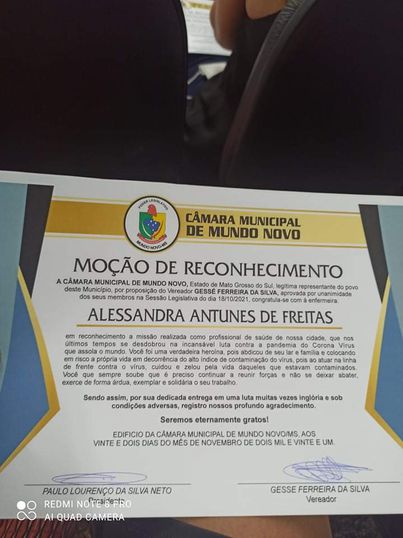 Egressa Alessandra Antunes, recebe Moção de Reconhecimento pela Câmara Municipal de Mundo Novo (MS).